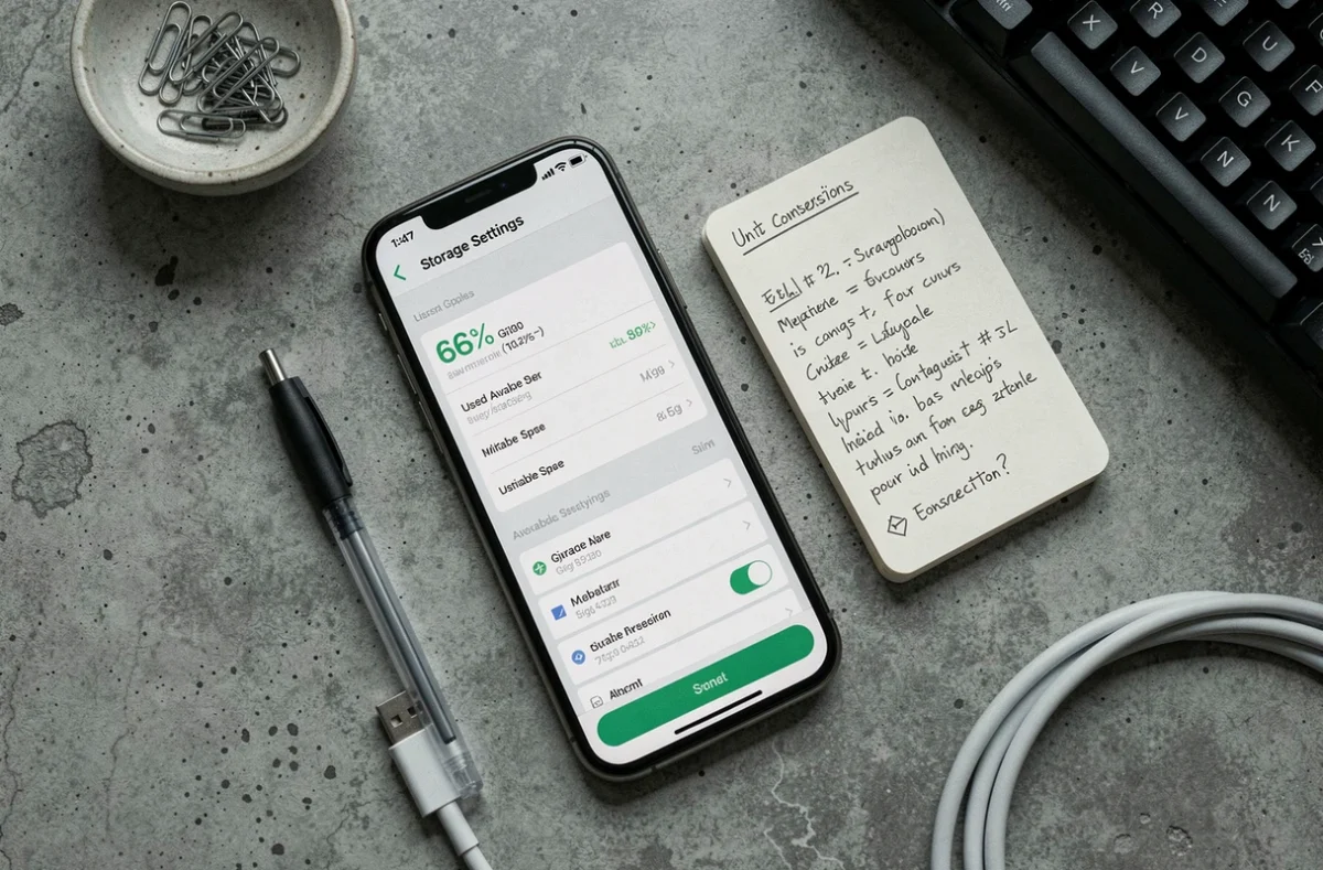 Vue de dessus d'un smartphone affichant les paramètres de stockage en Go et Mo posé sur un bureau en béton avec des notes manuscrites sur la conversion des unités numériques