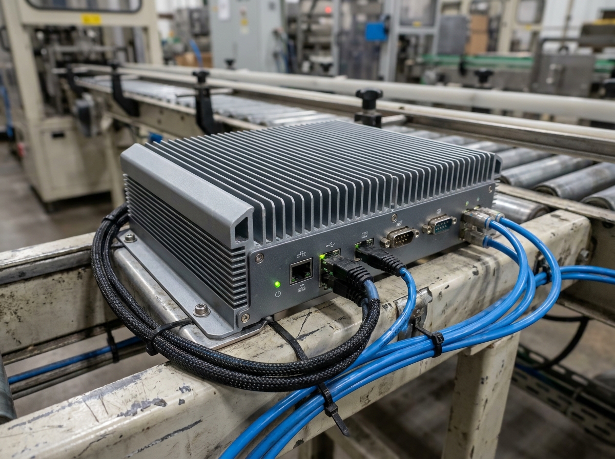 PC fanless industriel intégré sur une ligne de production avec câblage et refroidissement passif visible