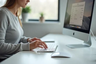 Femme appuyant sur la touche Shift d'un clavier Mac Apple dans un bureau minimaliste, avec les réglages macOS visibles à l'écran