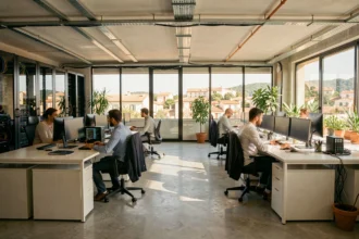 Bureau informatique moderne avec des professionnels travaillant sur des postes informatiques dans les Pyrénées-Orientales