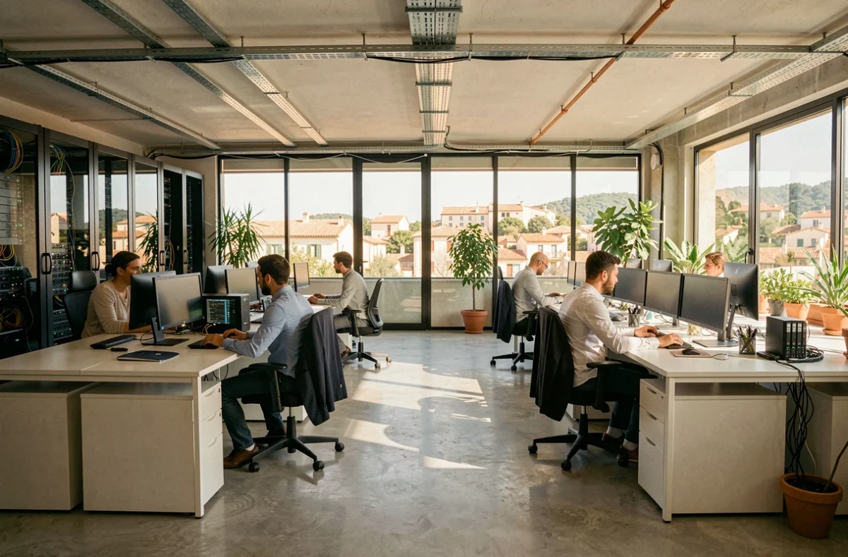 Bureau informatique moderne avec des professionnels travaillant sur des postes informatiques dans les Pyrénées-Orientales