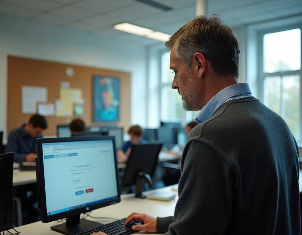 Enseignant consultant la page de connexion du webmail académique avec un message d'erreur de mot de passe dans une salle des professeurs