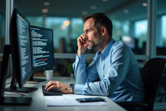Homme professionnel informatique stressé devant son écran