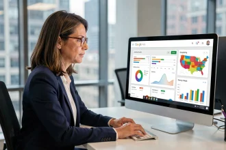 Une professionnelle analysant des données Google Ads sur un écran dans un bureau moderne à New York