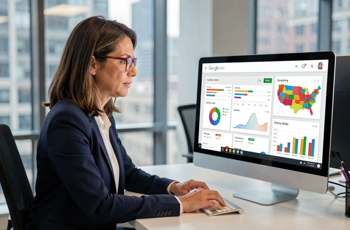 Une professionnelle analysant des données Google Ads sur un écran dans un bureau moderne à New York