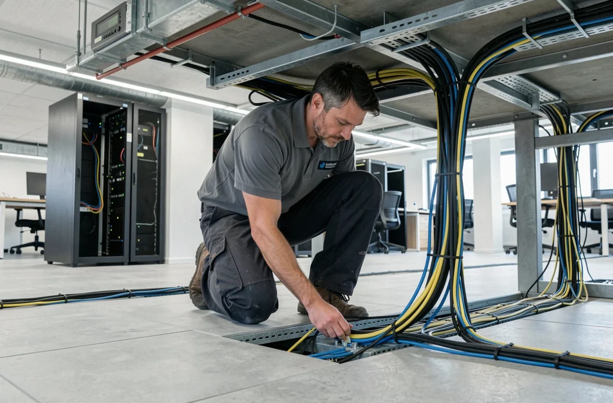 Technicien effectuant du câblage réseau dans un espace professionnel à Mulhouse pour Quik Informatique