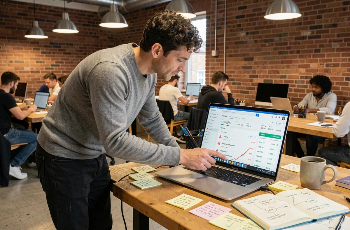 Développeur web analysant les erreurs de données dans un rapport Google Analytics 4 dans un espace de coworking