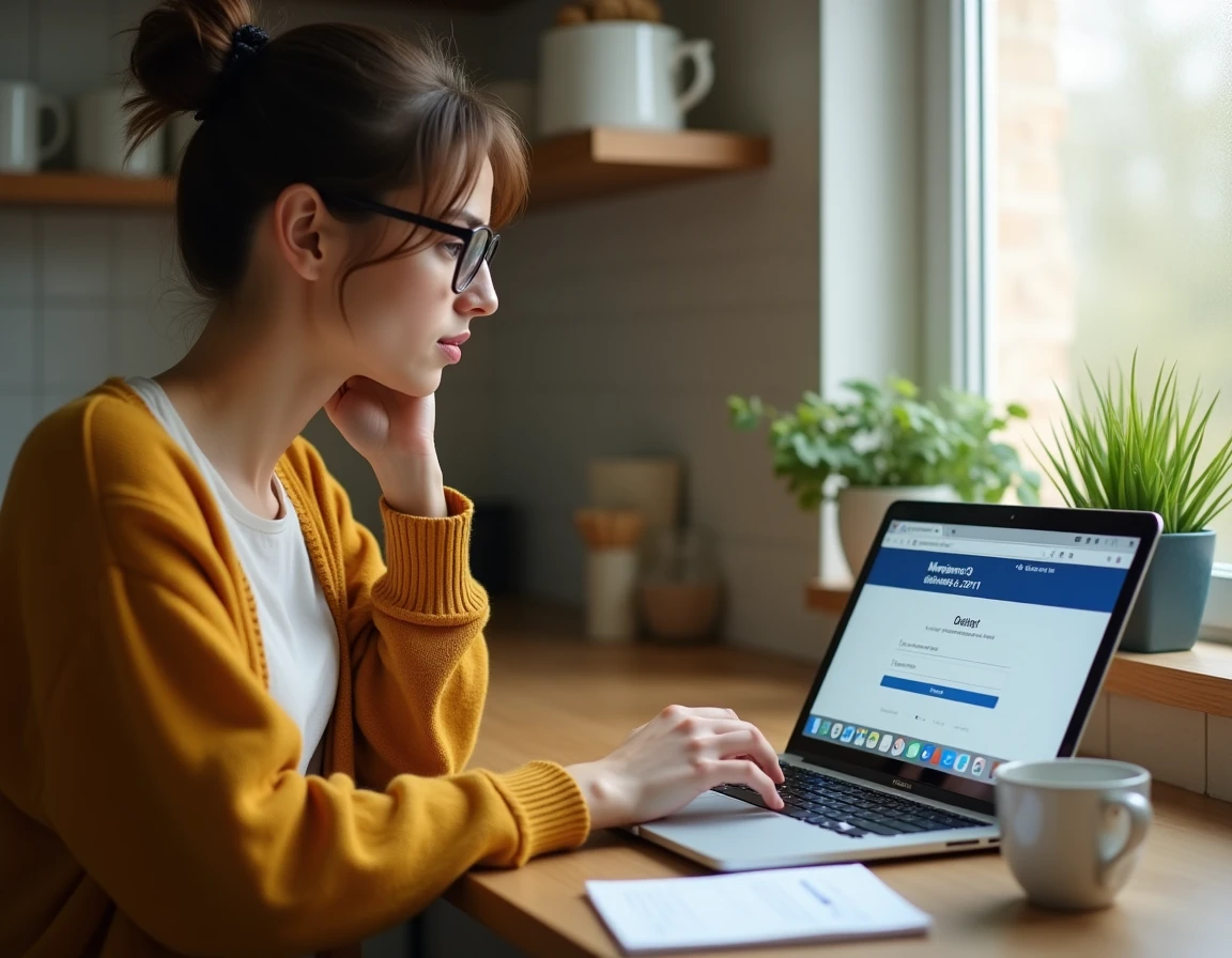 Jeune femme cherchant à récupérer son mot de passe du webmail DSDEN19 depuis son domicile avec des notes manuscrites