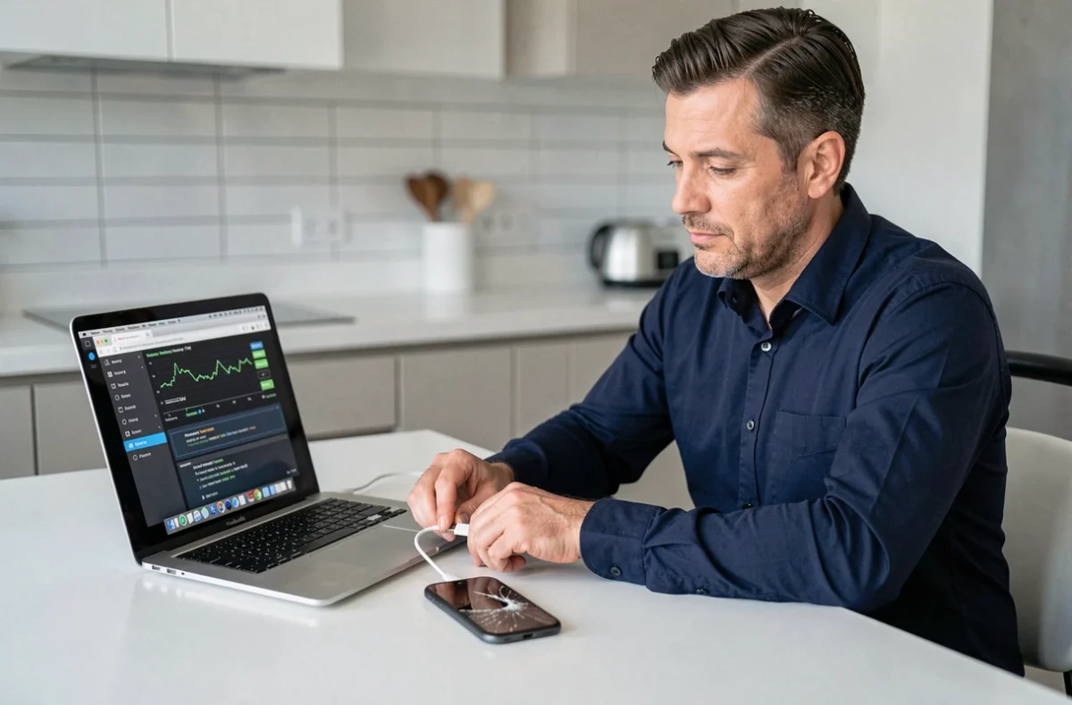 Homme connectant un iPhone cassé à un ordinateur portable pour récupérer des SMS avec un logiciel de récupération de données