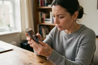 Femme tenant un iPhone à l'écran fissuré pour récupérer ses SMS depuis un téléphone bloqué ou cassé