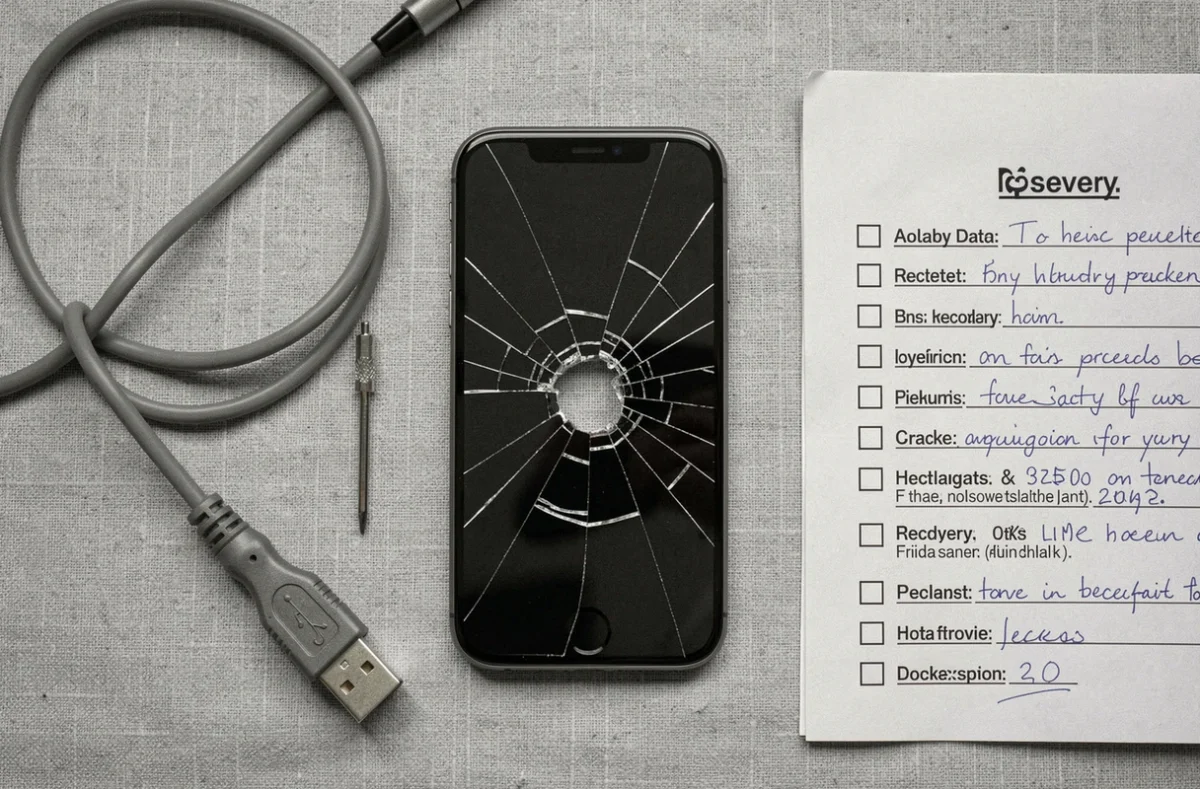 Vue aérienne d'un iPhone cassé avec câble USB et checklist pour récupérer des SMS sans perdre de données