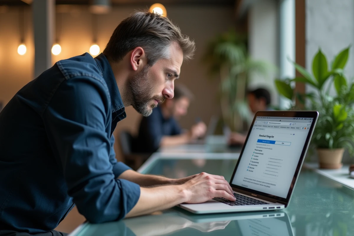 Homme configurant les touches modificatrices du clavier Mac dans les préférences système macOS sur un MacBook Pro dans un espace de coworking