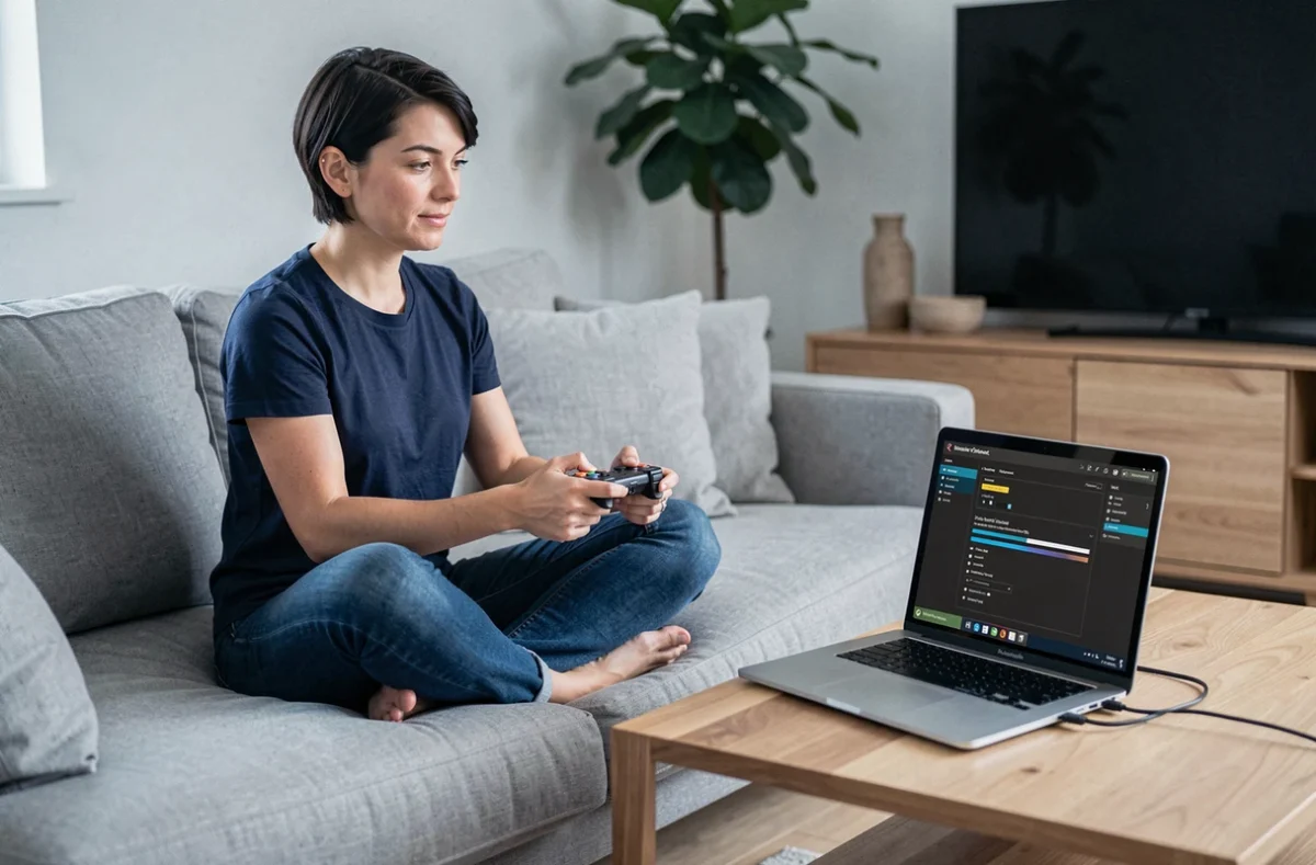 Femme configurant les réglages d'un émulateur sur un laptop depuis son canapé avec une manette rétro