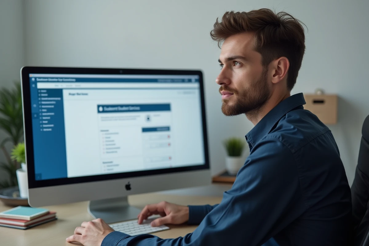 Homme effectuant sa réinscription universitaire en ligne depuis son bureau à domicile