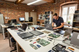Atelier de réparation informatique professionnel dans le Haut-Rhin avec plusieurs postes de travail et des techniciens au travail