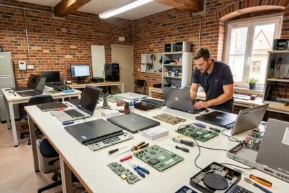 Atelier de réparation informatique professionnel dans le Haut-Rhin avec plusieurs postes de travail et des techniciens au travail