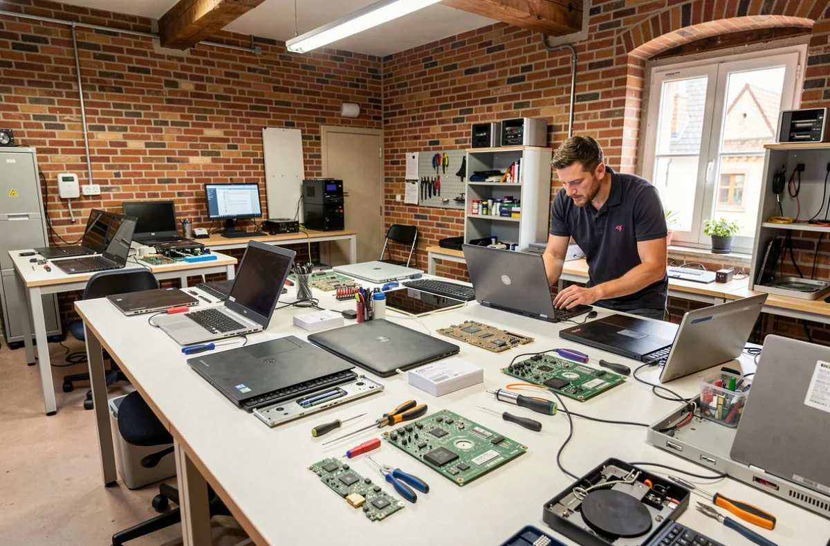 Atelier de réparation informatique professionnel dans le Haut-Rhin avec plusieurs postes de travail et des techniciens au travail