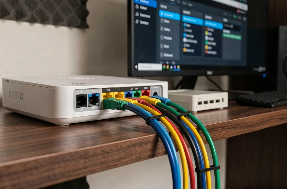 Câbles Ethernet organisés et routeur Freebox configurés pour un réseau de télétravail sécurisé