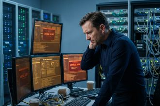 Responsable informatique stressé face à des alertes de sécurité réseau sur plusieurs écrans dans une salle serveur
