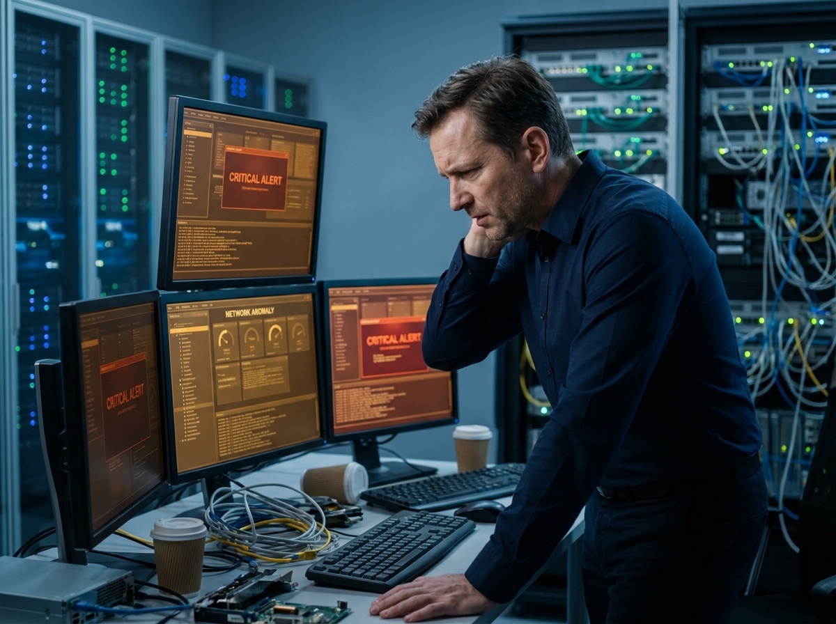 Responsable informatique stressé face à des alertes de sécurité réseau sur plusieurs écrans dans une salle serveur