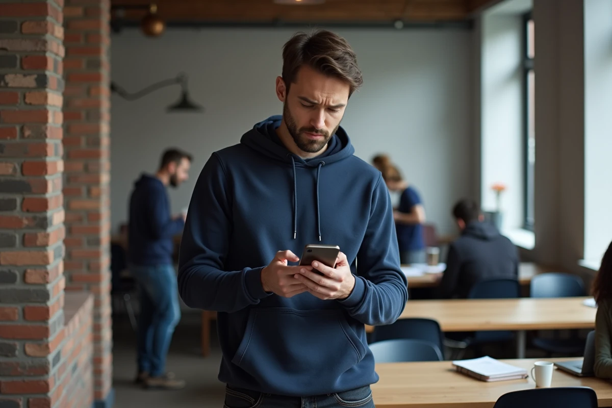 Homme consultant son smartphone pour retrouver un profil après un changement de nom d'utilisateur sur les réseaux sociaux