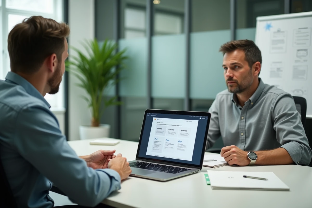 Réunion entre un entrepreneur et un consultant en agence web pour discuter de la création d'un site internet professionnel