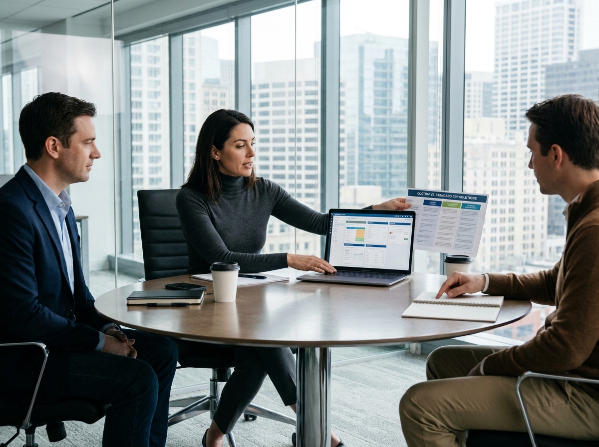 Équipe en réunion comparant un ERP personnalisé et un ERP standard dans une salle de conférence vitrée