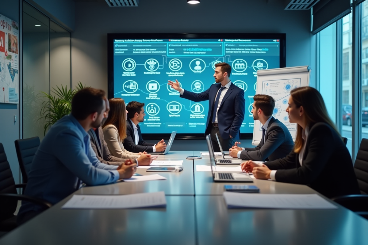 Groupe de jeunes professionnels en réunion sur la cybersécurité