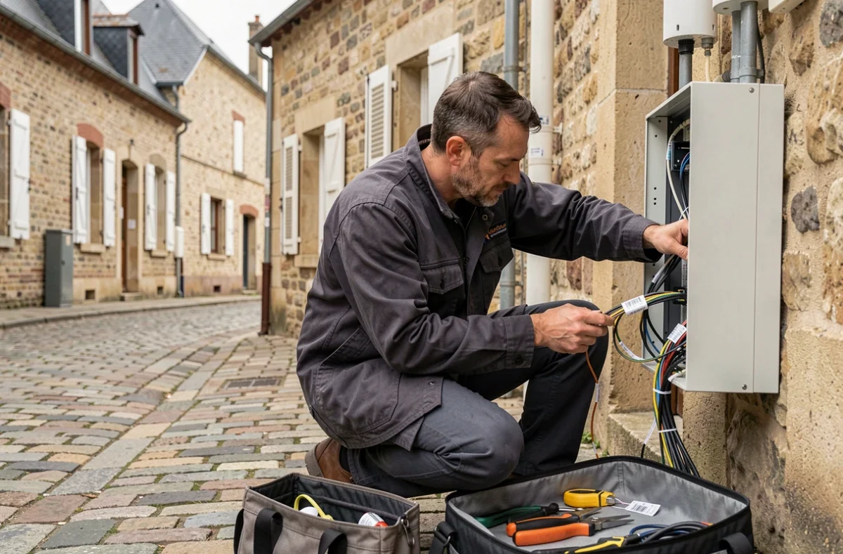 Technicien de Rotor Info installant et câblant un réseau sur un bâtiment commercial en Sarthe