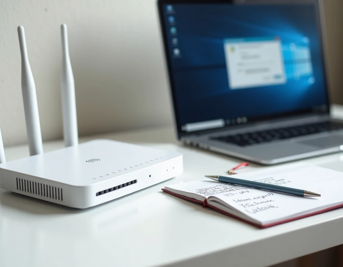 Routeur Wi-Fi et ordinateur portable affichant une boîte de dialogue de clé de sécurité réseau sur Windows