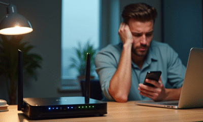 Routeur wifi moderne avec lumières bleues et vertes sur un bureau lumineux