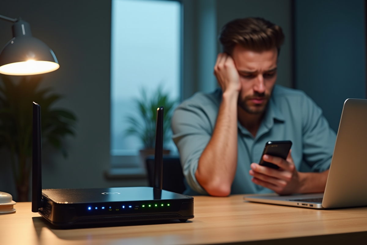 Routeur wifi moderne avec lumières bleues et vertes sur un bureau lumineux