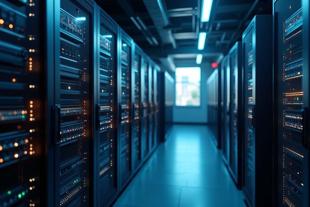 Salle serveurs avec câbles fibre optique et tableau de bord de big data