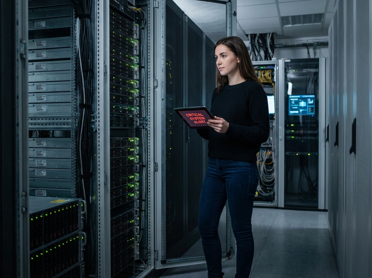 Jeune femme IT vérifiant alertes dans centre de données