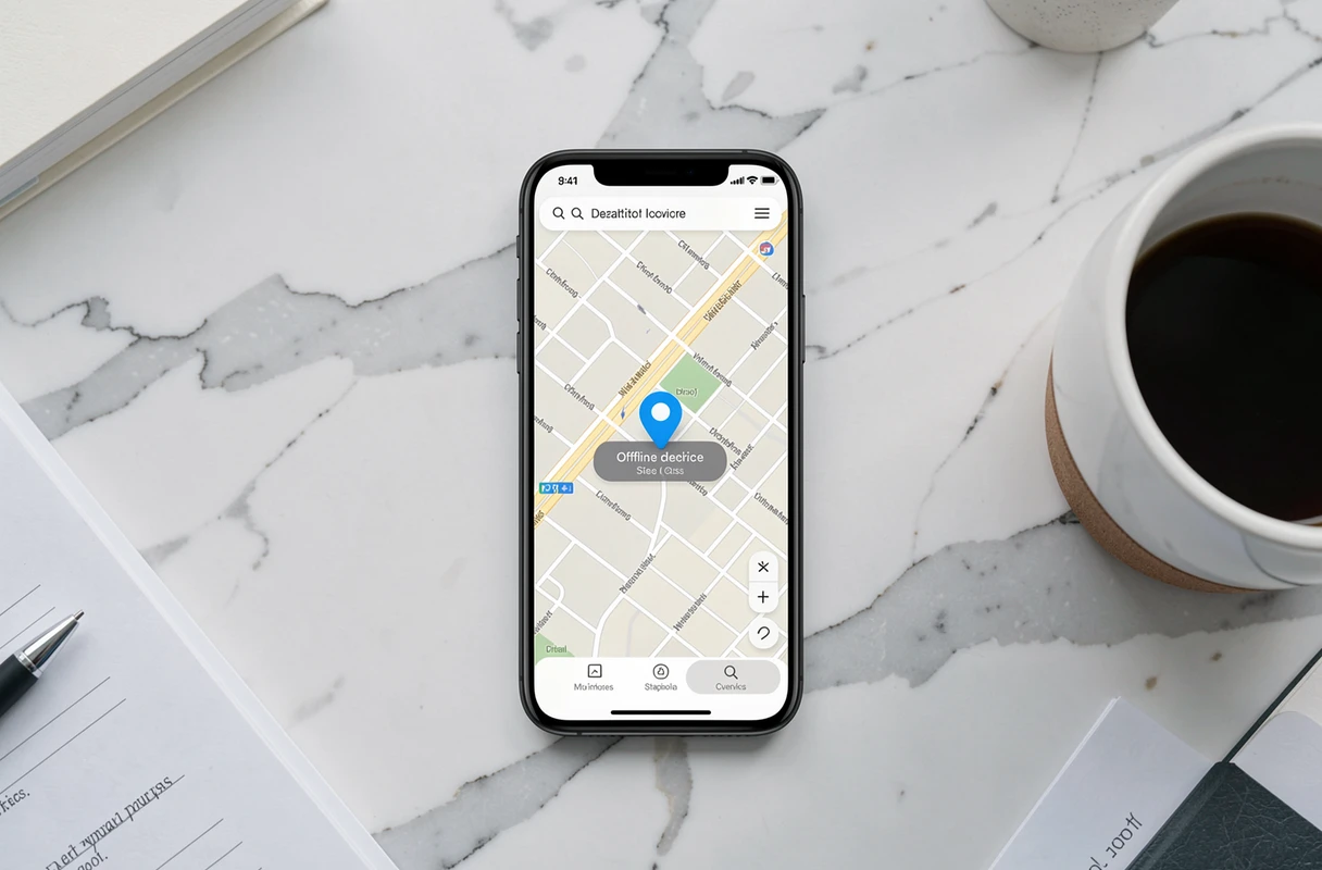 Smartphone affichant l'interface iCloud Find My avec un appareil hors ligne sur un bureau blanc