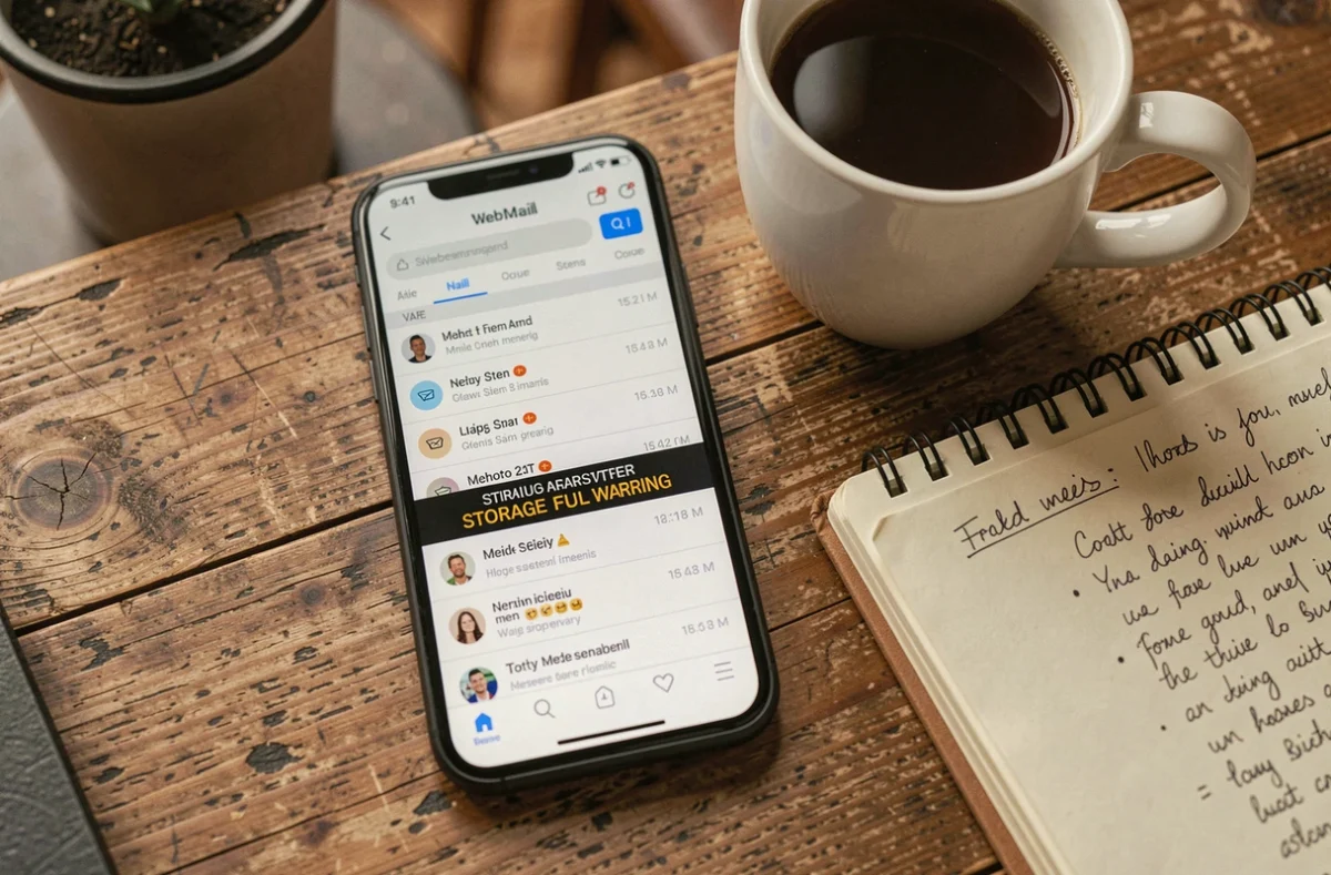 Vue aérienne d'un smartphone affichant un webmail plein avec une alerte de stockage saturé posé sur une table en bois