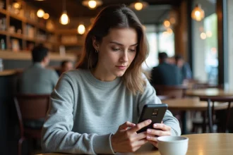 Femme envoyant un SMS masqué sur son smartphone dans un café parisien