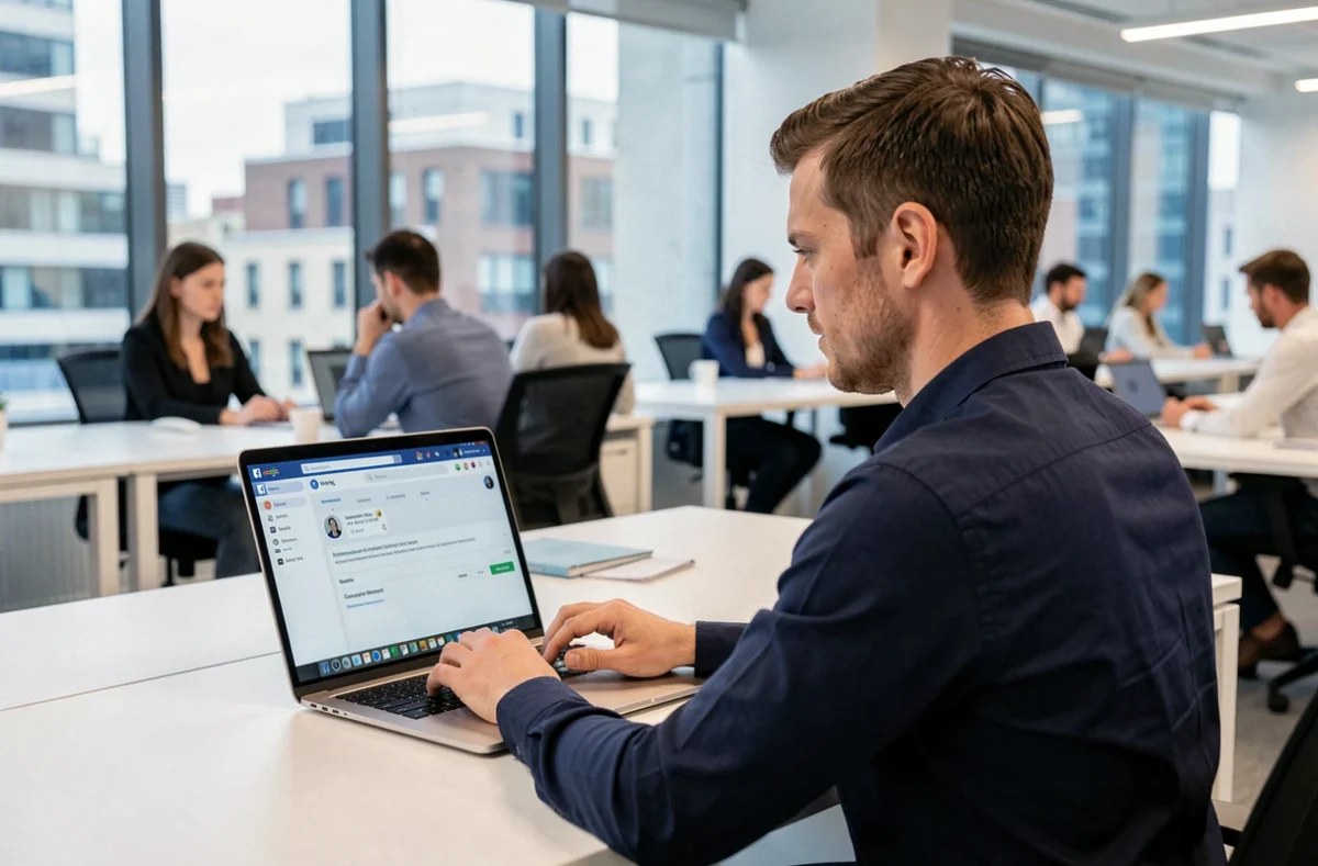 Homme créant un sondage sur Messenger depuis un ordinateur portable au bureau