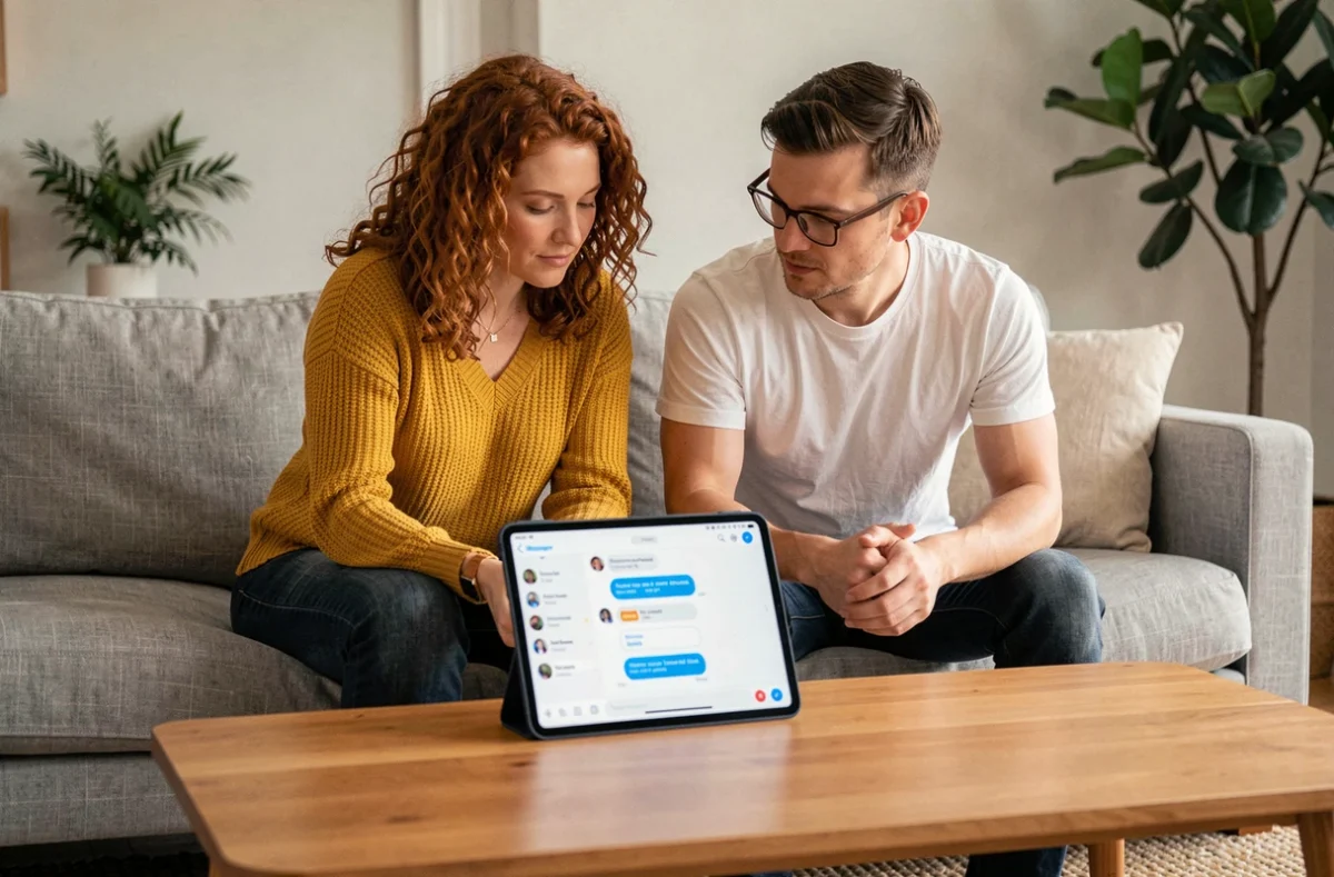 Deux personnes consultant un sondage Messenger sur une tablette dans un salon moderne