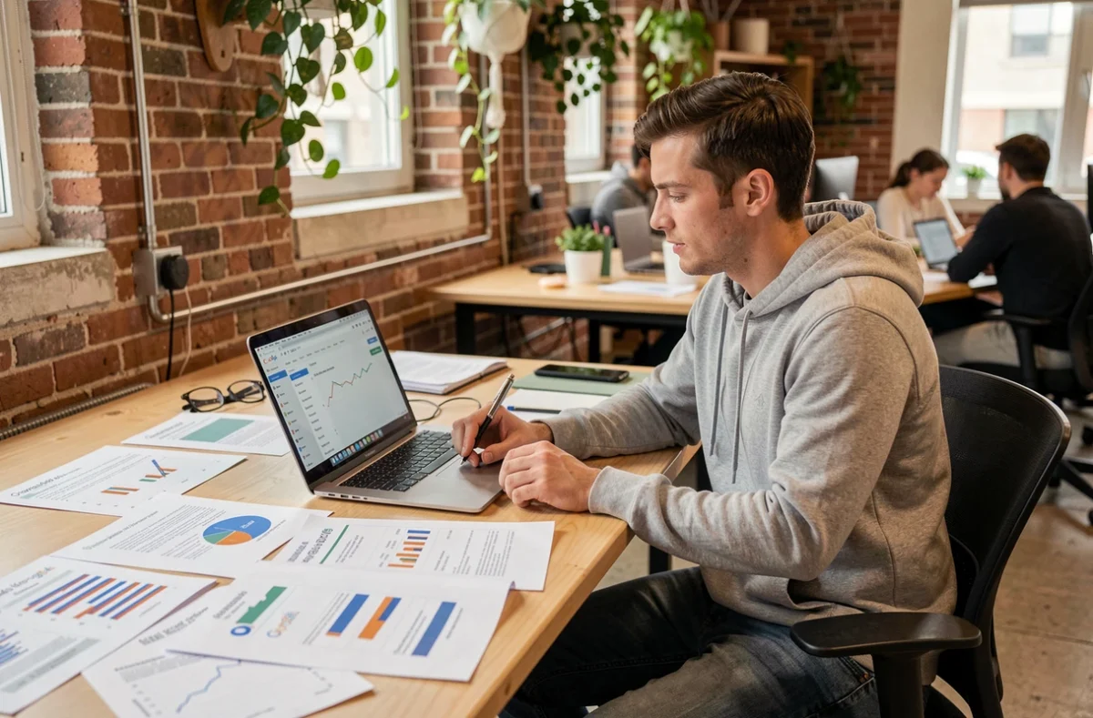 Un spécialiste du marketing digital étudiant des rapports sur le public américain dans un espace de coworking