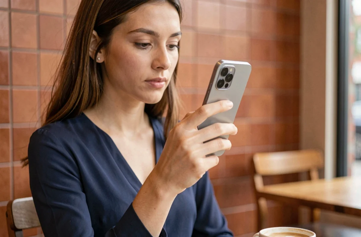 Femme tenant un Samsung Galaxy S22 dans la main dans un café moderne pour illustrer la taille compacte de l'appareil