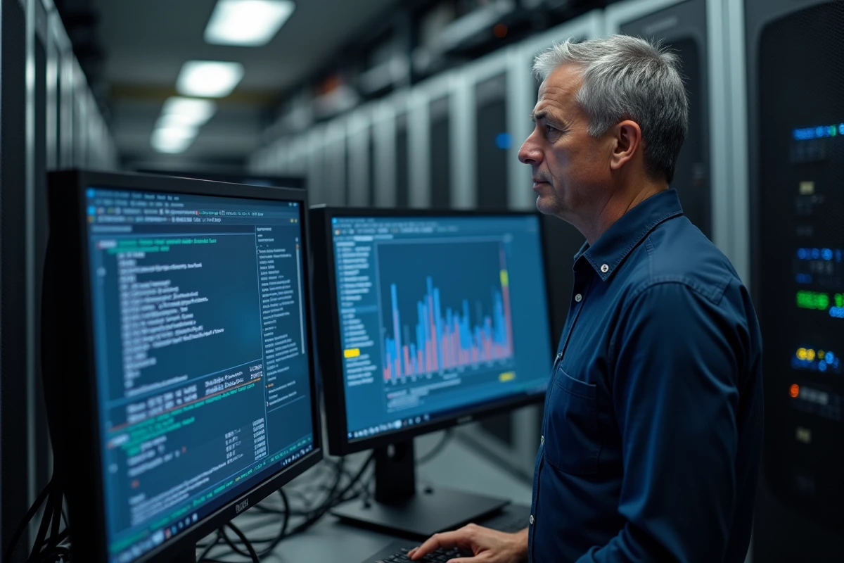 Technicien informatique gérant la conversion d'octets sur des fichiers volumineux dans une salle de serveurs professionnelle