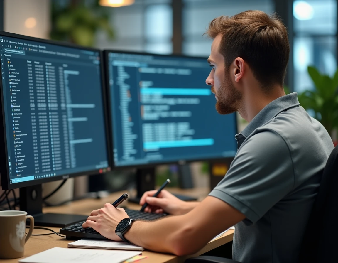 Technicien informatique universitaire diagnostiquant une panne du service webmail sur un poste de travail multi-écrans