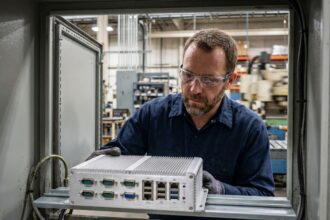 Technicien industriel inspectant un PC fanless monté dans une armoire électrique en usine
