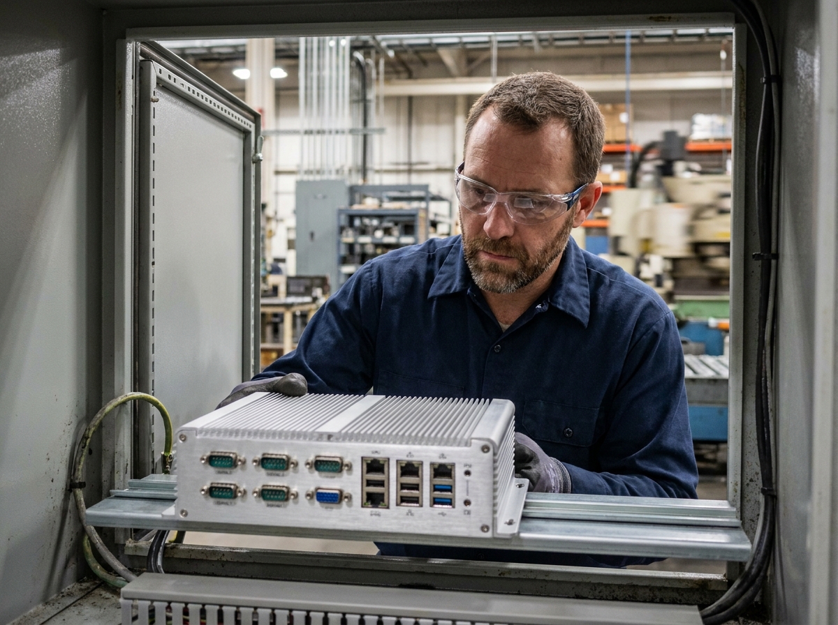 Technicien industriel inspectant un PC fanless monté dans une armoire électrique en usine