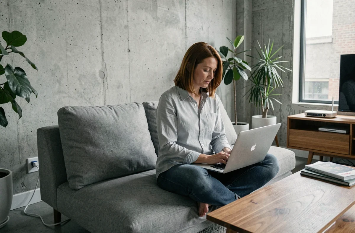 Femme en télétravail connectée à la Freebox via câble Ethernet dans un salon moderne