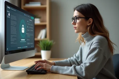 Femme tapant sur un clavier mécanique lors d'un test de rapidité en ligne sécurisé dans un bureau minimaliste