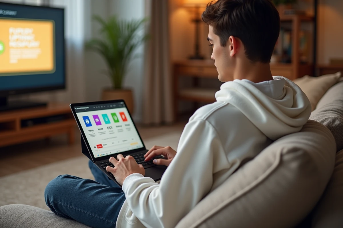 Jeune adulte réalisant un test de rapidité clavier sécurisé sur tablette depuis son canapé à la maison
