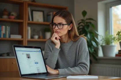 Femme cherchant un utilisateur introuvable sur les réseaux sociaux après un changement de pseudo sur ordinateur portable