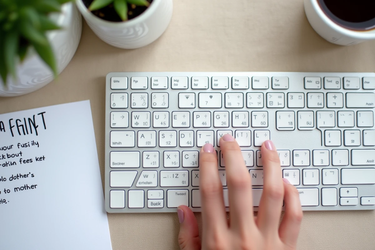 Vue de dessus d'un clavier Apple Magic Keyboard posé sur un bureau avec un doigt au-dessus de la touche Shift et des notes manuscrites sur les raccourcis macOS